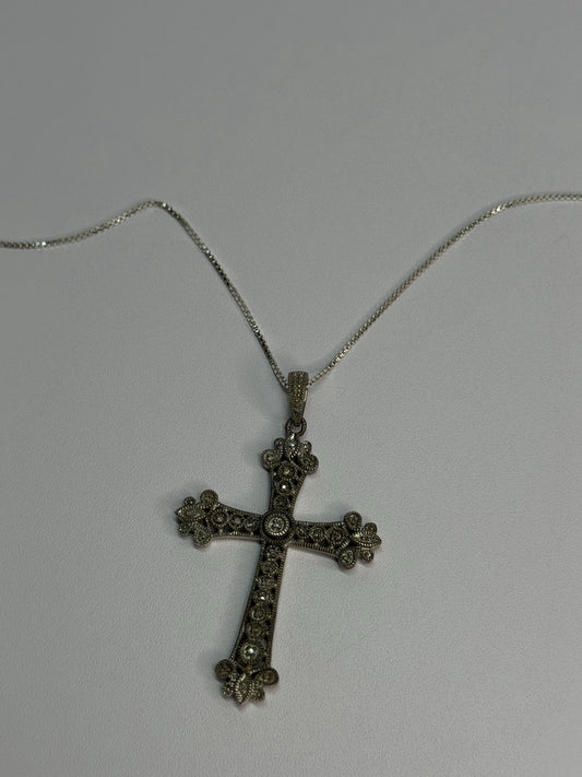 925 Sterling Silver Diamond Cross Necklace Length 30 In