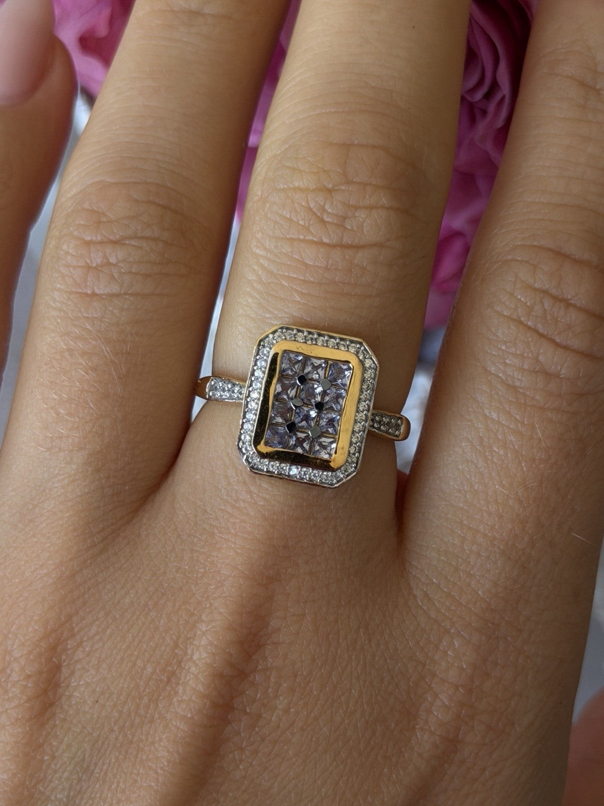 925 Sterling Silver Gold Plated Tanzanite & Beryl Ring Size 8
