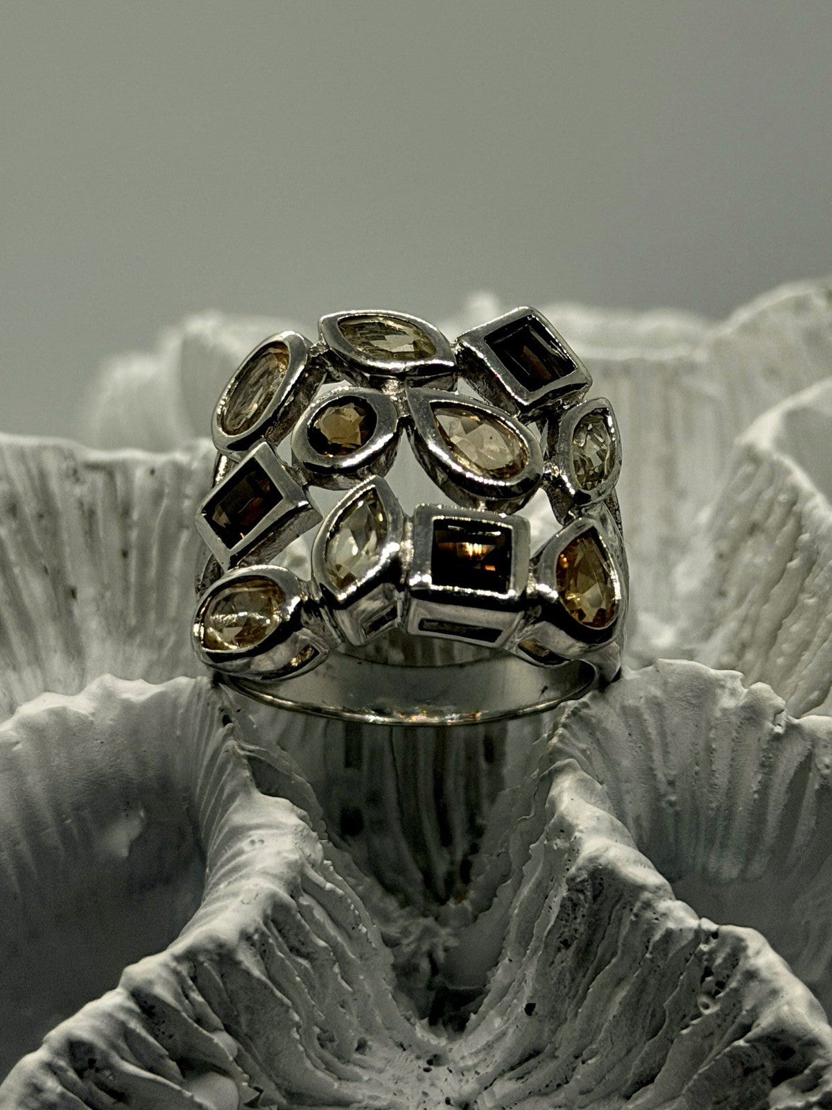 925 Sterling Silver Citrine and Smoky Quartz Color Stones Wide Band Ring Size 9