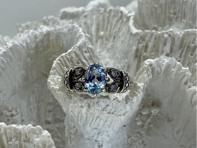 925 Sterling Silver Blue Spinel & CZ Ring Size 6.5