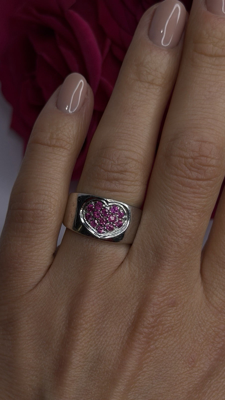 925 Sterling Silver Pink Topaz Heart Ring Size 7