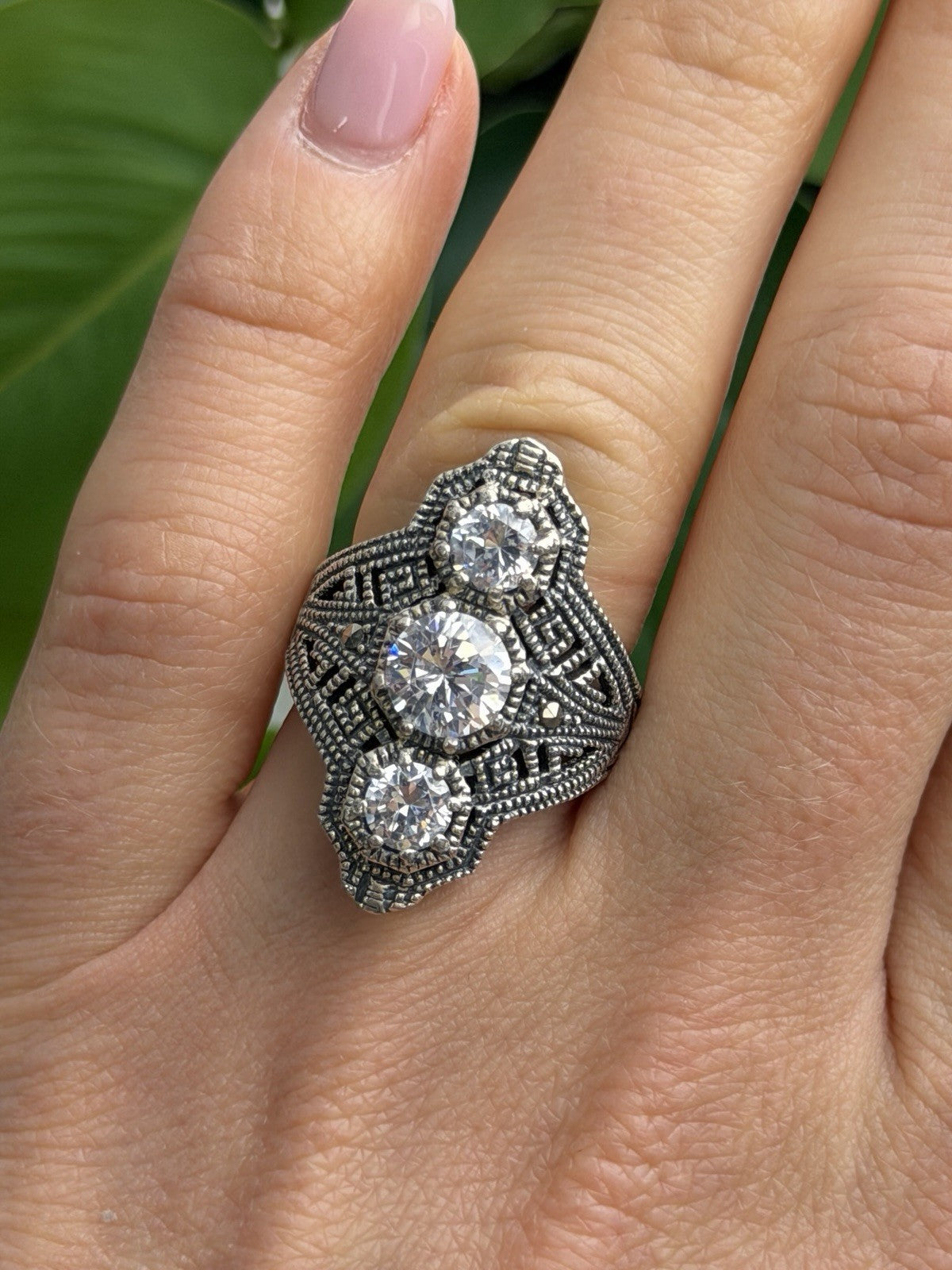 Vintage 925 Sterling Silver Cz & Marcasite Ring Size 6