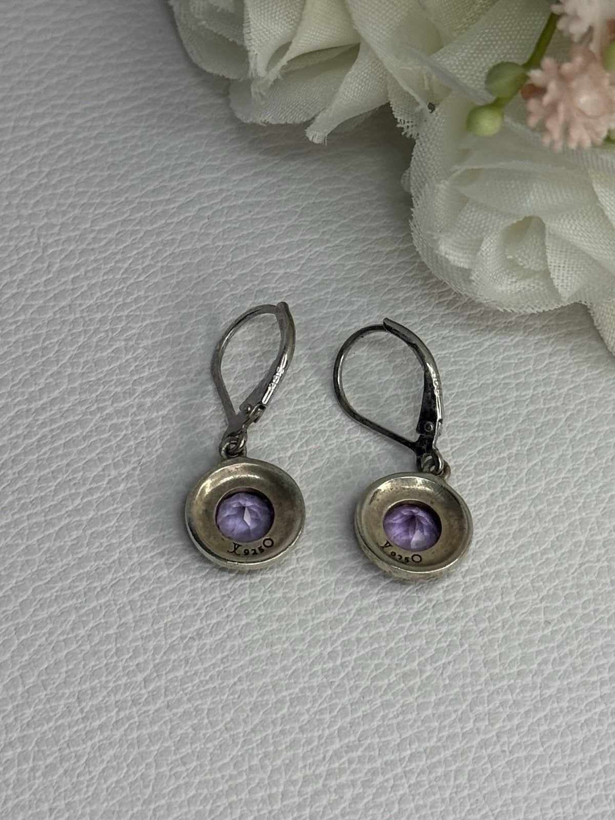 925 Sterling Silver Amethyst & Marcasite Earrings Length 1.12 Inch