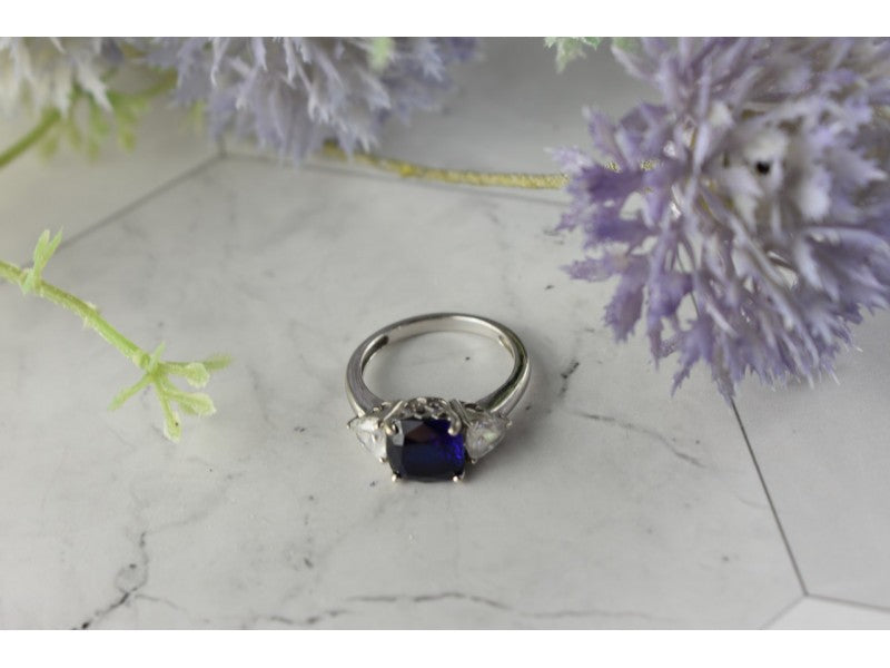 925 Sterling Silver Sapphire & CZ Ring Size 6.5