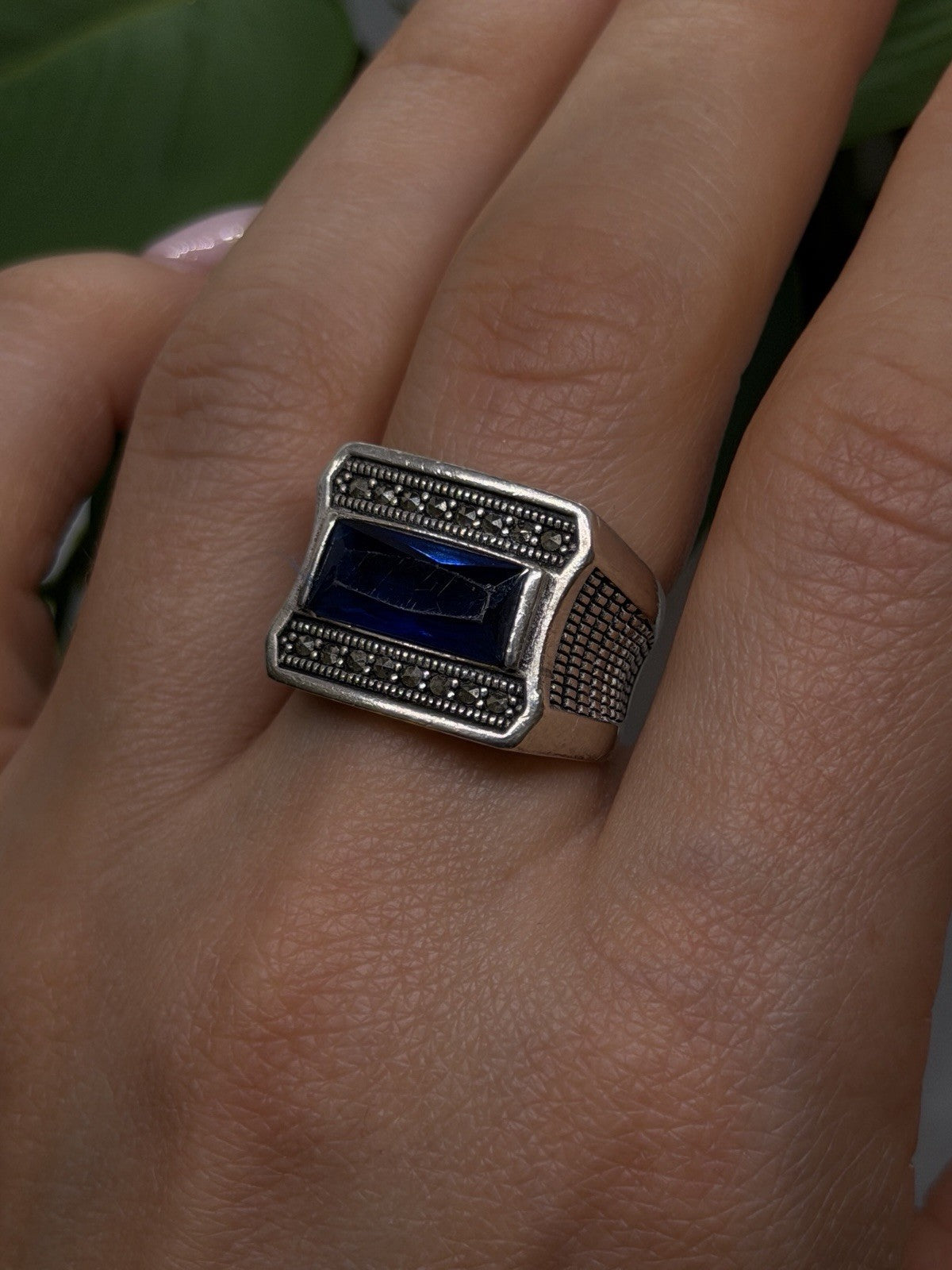 HarlemBling 925 Sterling Silver Sapphire & Marcasite Ring Size 8