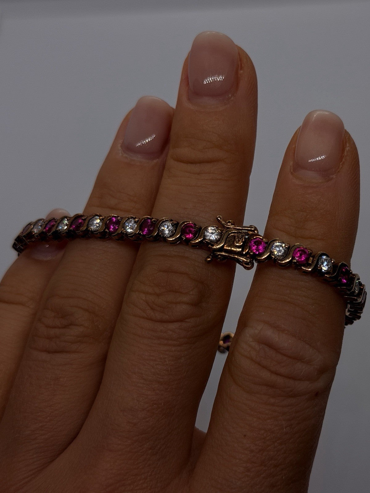 925 Sterling Silver Gold Plated Pink & White Topaz Bracelet Size 7.5