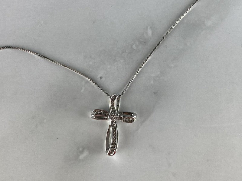 925 Sterling Silver White Topaz Chain With Cross Italy