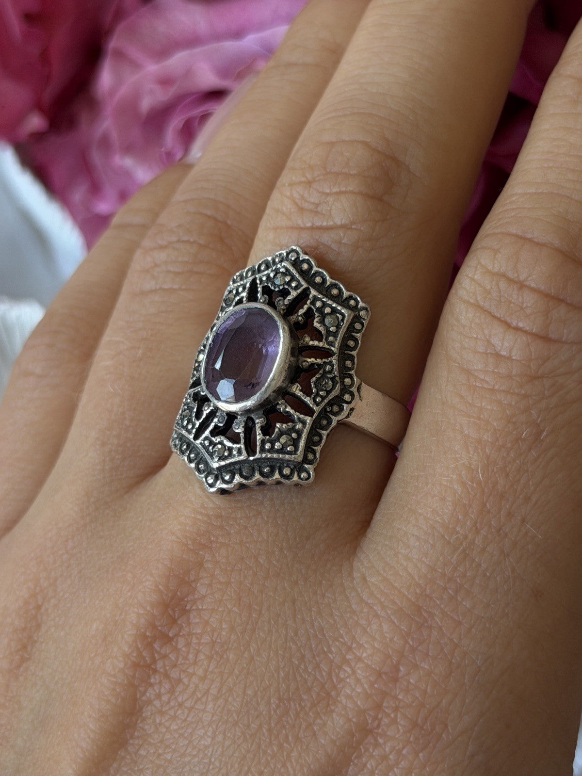 Vintage 925 Sterling Silver Amethyst & Marcasite Ring Size 8
