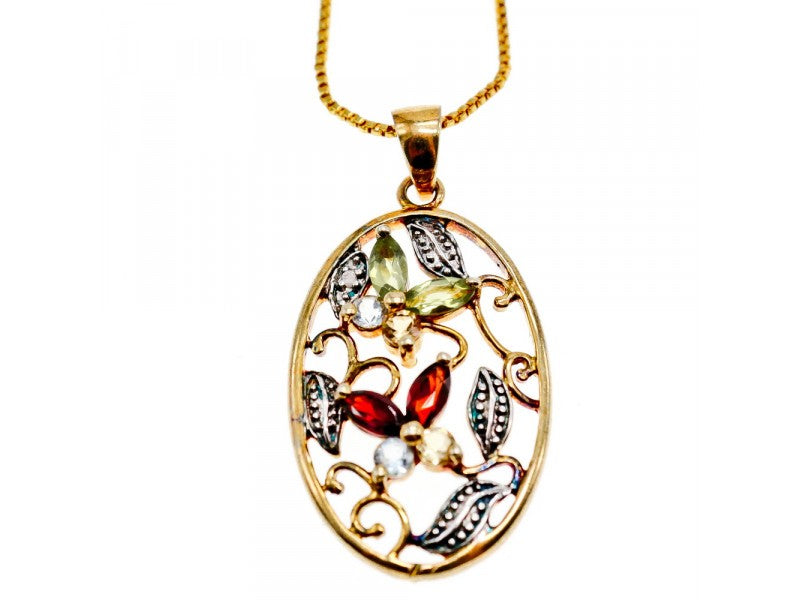 925 Sterling Silver Gold Plated Multi Gemstones Chain With Pendant