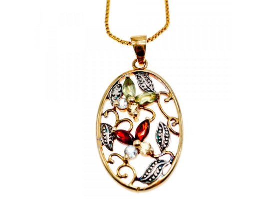 925 Sterling Silver Gold Plated Multi Gemstones Chain With Pendant