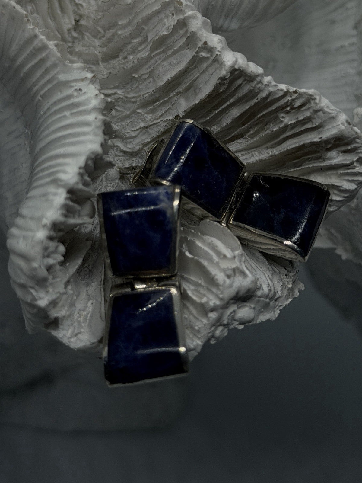 Modernist Design 925 Sterling Silver Sodalite Geometric Hinged Drop Earrings