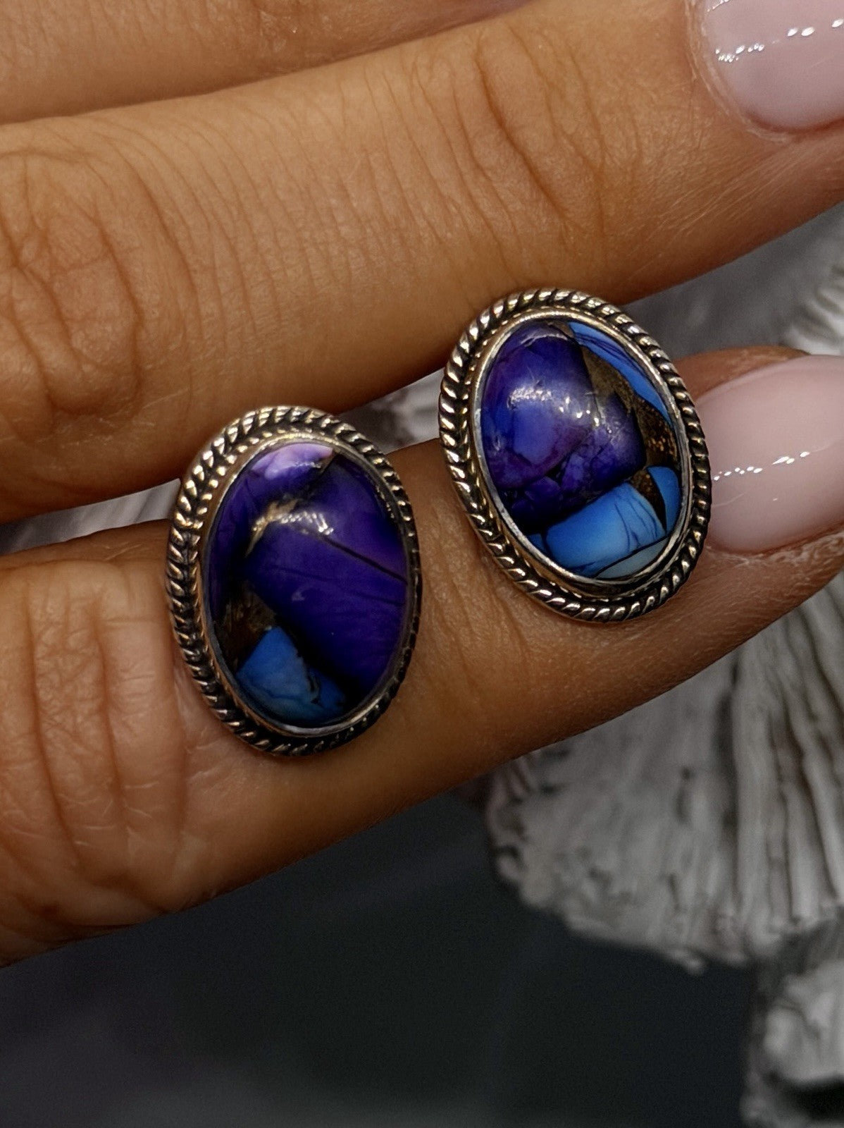 925 Sterling Silver Purple & Blue Turquoise Composite Stone Oval Stud Earrings
