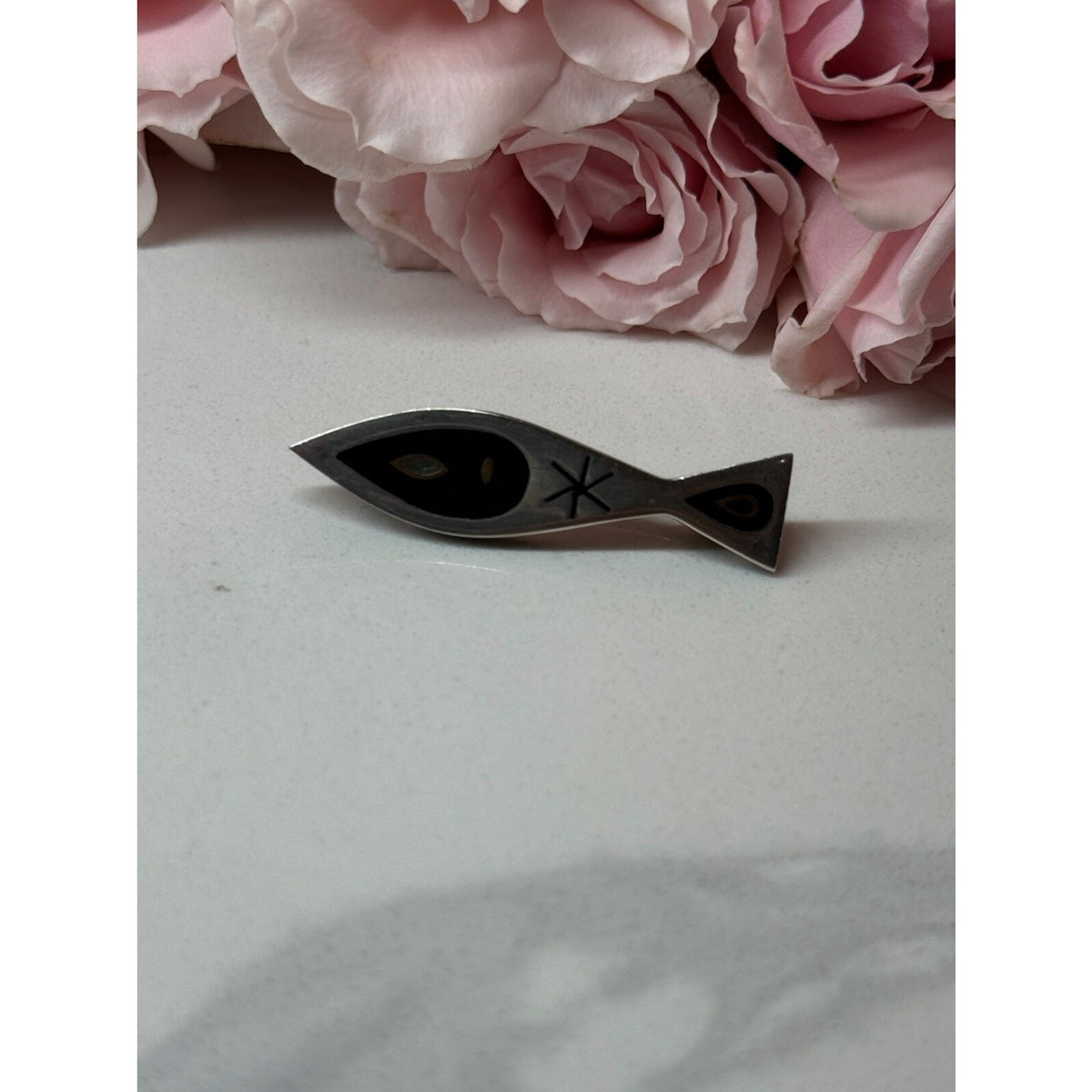 925 Sterling Silver Black Evil Eye Enamel Brooch Length 1.5 In
