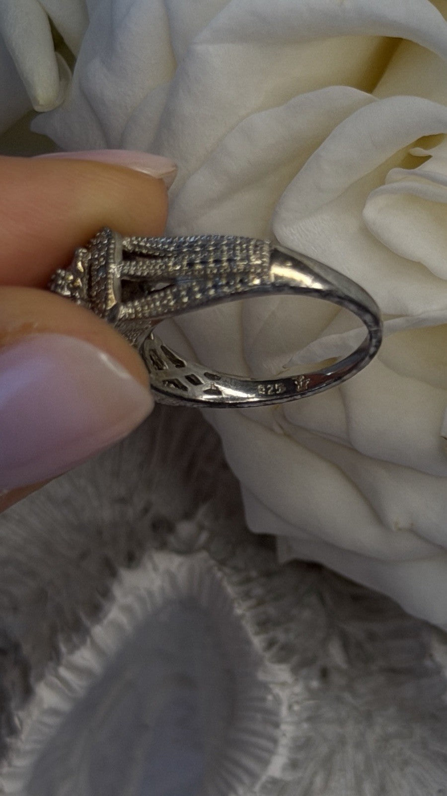 Vintage Princess Cut 925 Sterling Silver Diamonds Ring Size 7