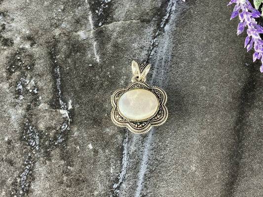 925 Sterling Silver Mother Of Pearl & Marcasites Pendant