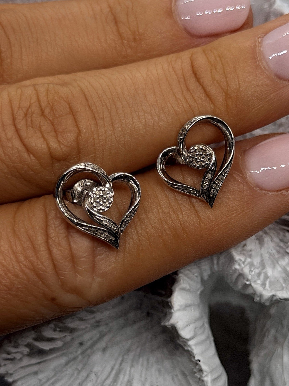 925 Sterling Silver Diamond Accent Open Heart Stud Earrings
