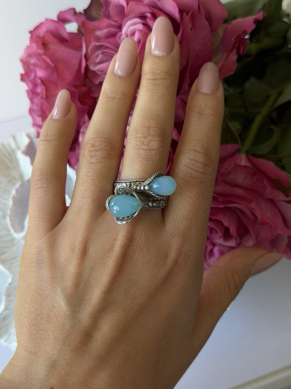 925 Sterling Silver Blue Chalcedony Ring Size 11 Sizable