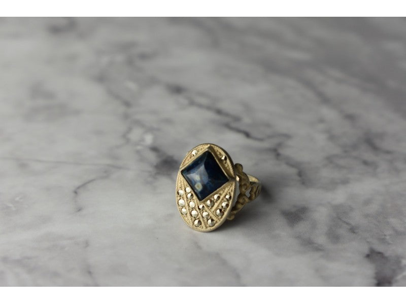 925 Sterling Silver Sodalite & Marcasites Ring Size 6