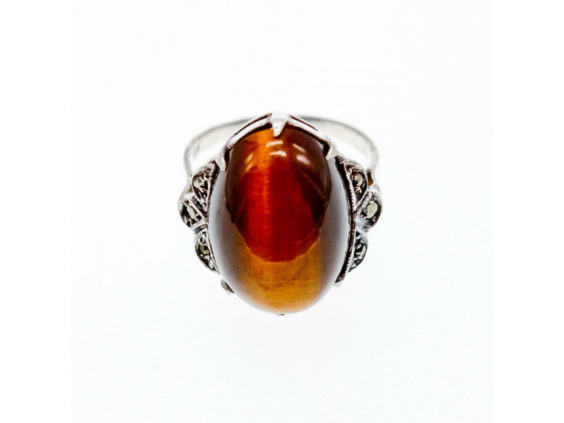Vintage 925 Sterling Silver Tiger'S Eye & Marcasites Ring Size 6.5