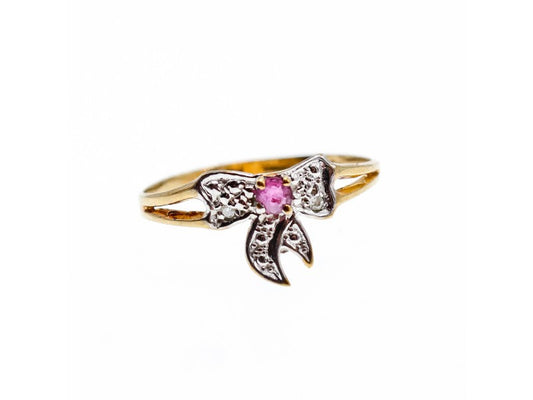 10K Yellow Gold Spinel & Diamonds "Bow" Ring Size 5.5