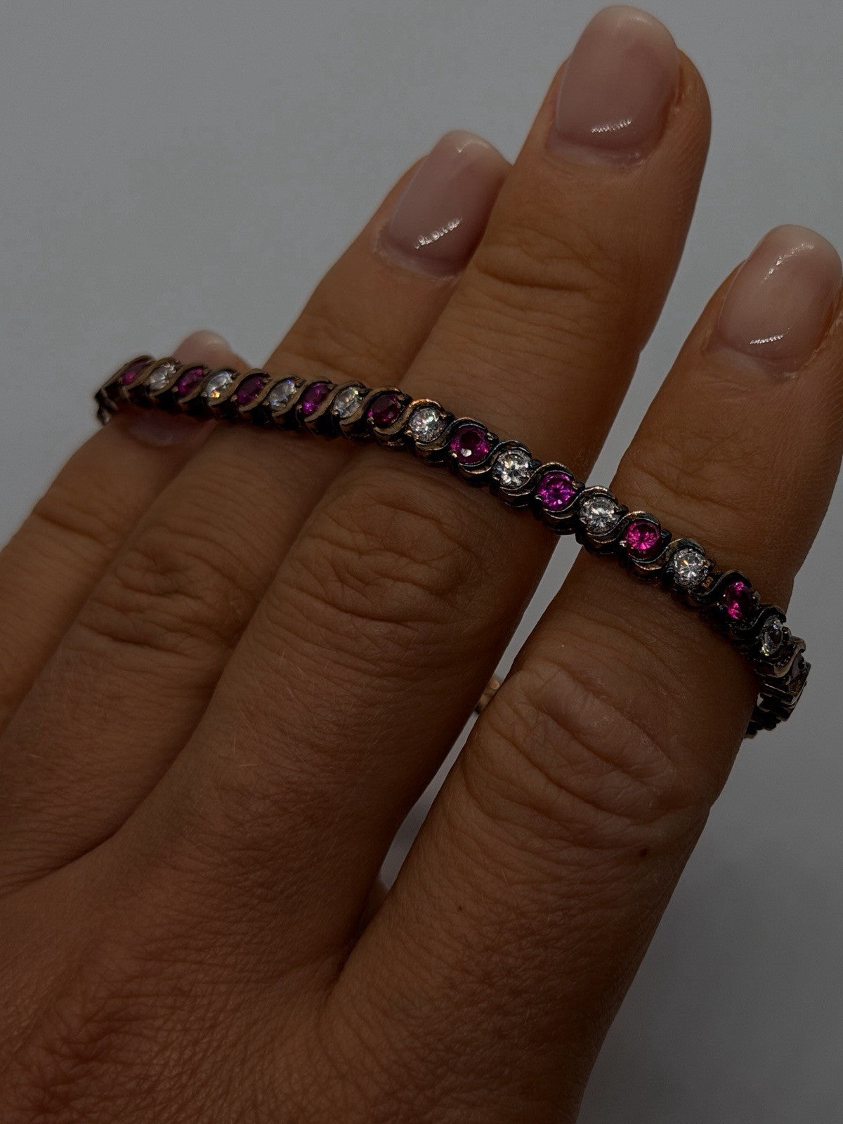 925 Sterling Silver Gold Plated Pink & White Topaz Bracelet Size 7.5