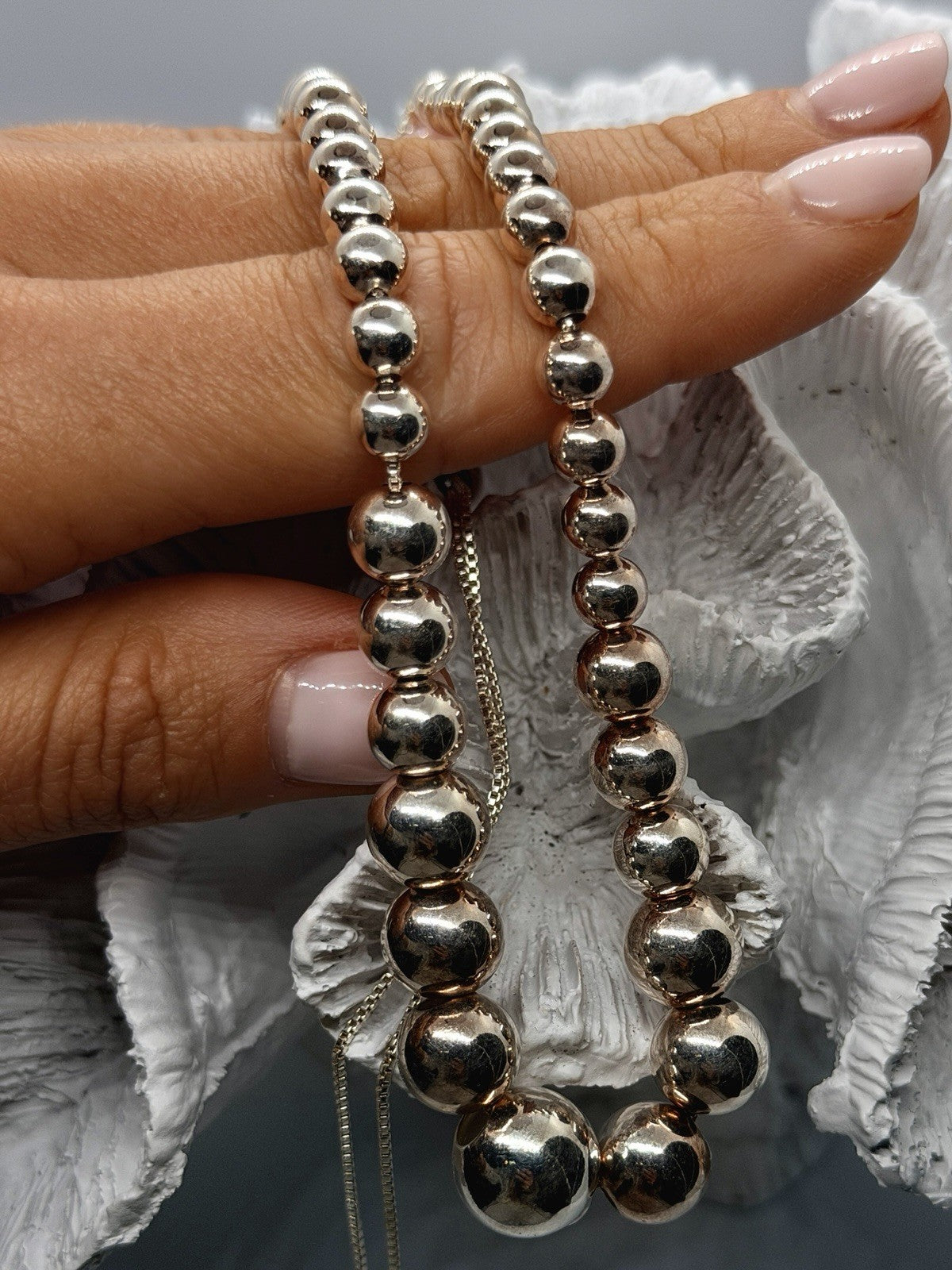 Elegant 925 Sterling Silver Graduated Bead Necklace Adjustable