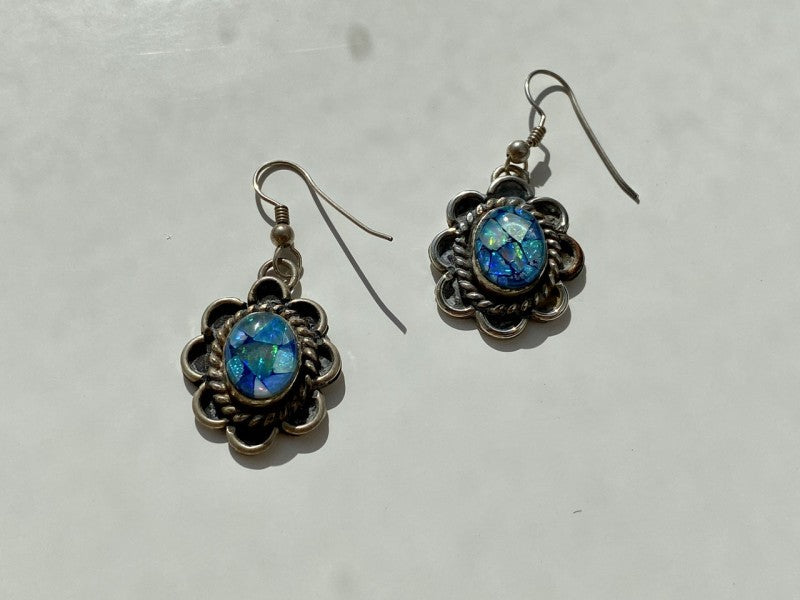 Vintage 925 Sterling Silver Mosaic Opal Earrings