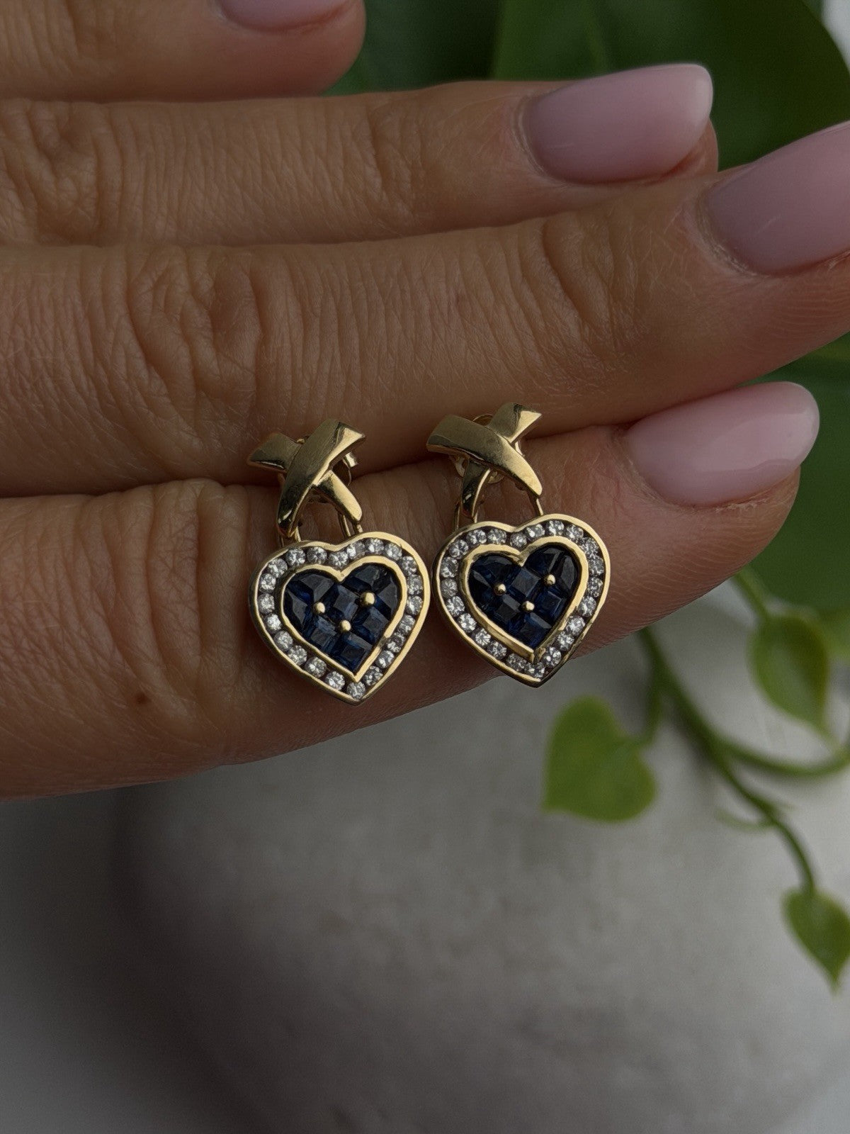 Romantic 14K Yellow Gold Heart Sapphire & Diamond Earrings