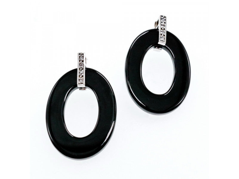 925 Sterling Silver Black Jewelry Glass & CZ Earrings