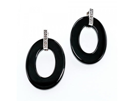 925 Sterling Silver Black Jewelry Glass & CZ Earrings
