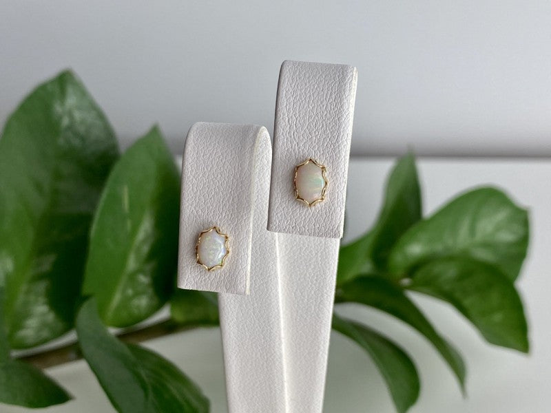 14K Yellow Gold White Opal Earrings