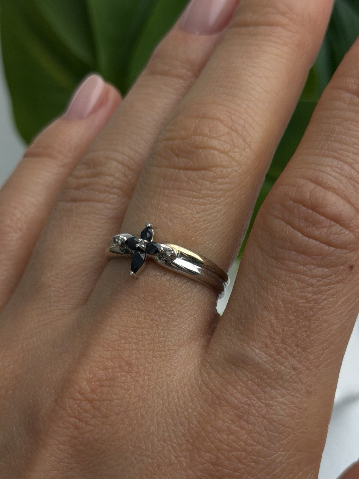 925 Sterling Silver Sapphire & Diamond Cross Ring Size 8.5