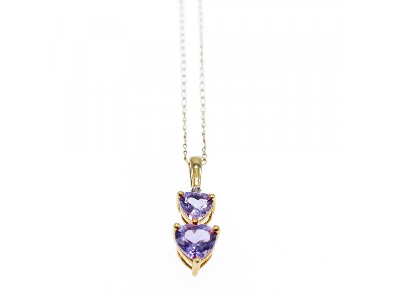 10K Yellow Gold Amethyst & Diamond Hearts Chain With Pendant