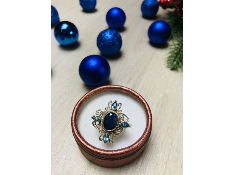 925 Sterling Silver Spinel & Aquamarines Ring Size 6.5