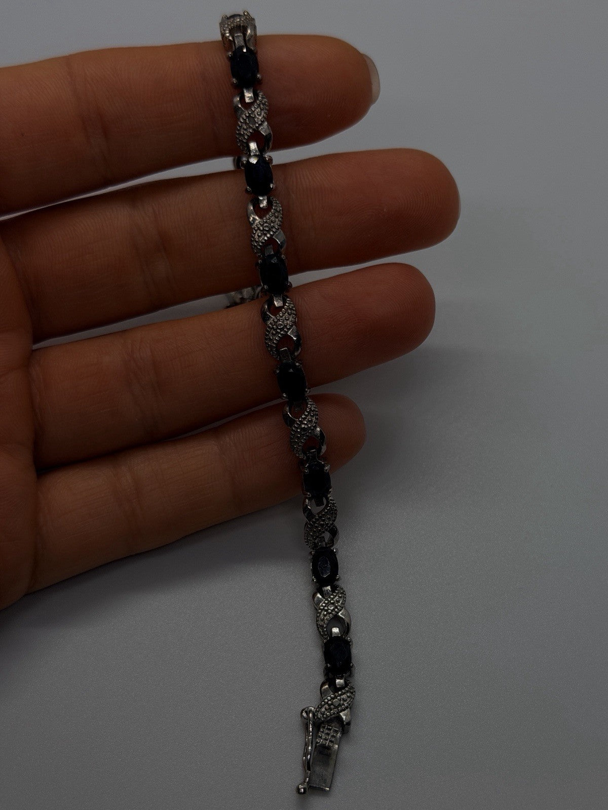 925 Sterling Silver Sapphire Infinity Link Tennis Bracelet Size 8
