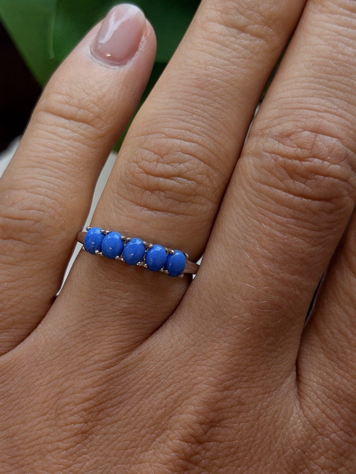 925 Sterling Silver Five Stone Oval Blue Turquoise Ring Size 7