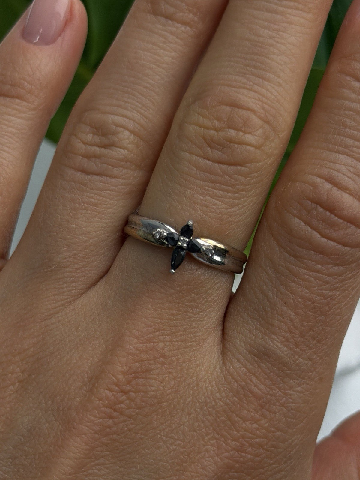 925 Sterling Silver Sapphire & Diamond Cross Ring Size 8.5