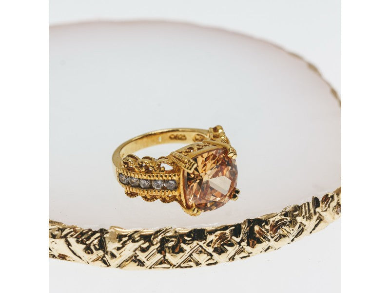 925 Sterling Silver Gold Plated Heliodor & CZ Ring Size 5.5