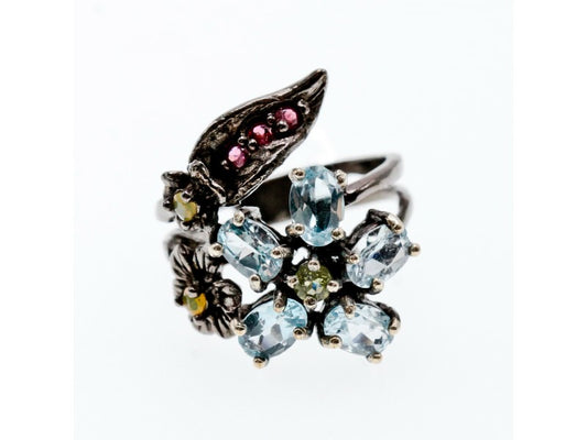 925 Blackened Silver Topaz, Garnet, Peridot & Opal Ring Size 8