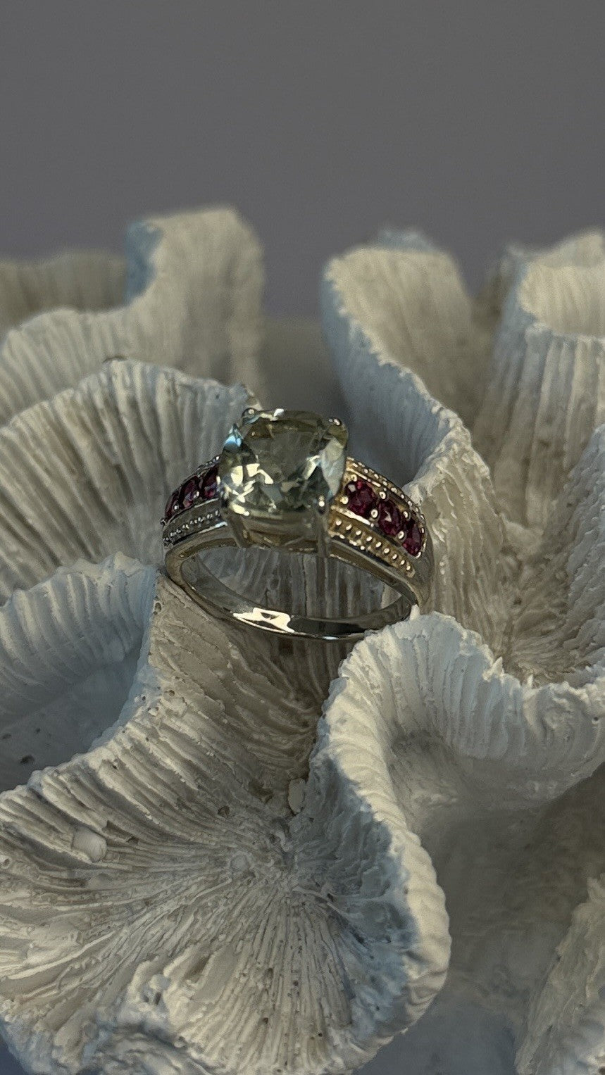 925 Sterling Silver Cushion-Cut Aquamarine & Pink Tourmaline Ring Size 9