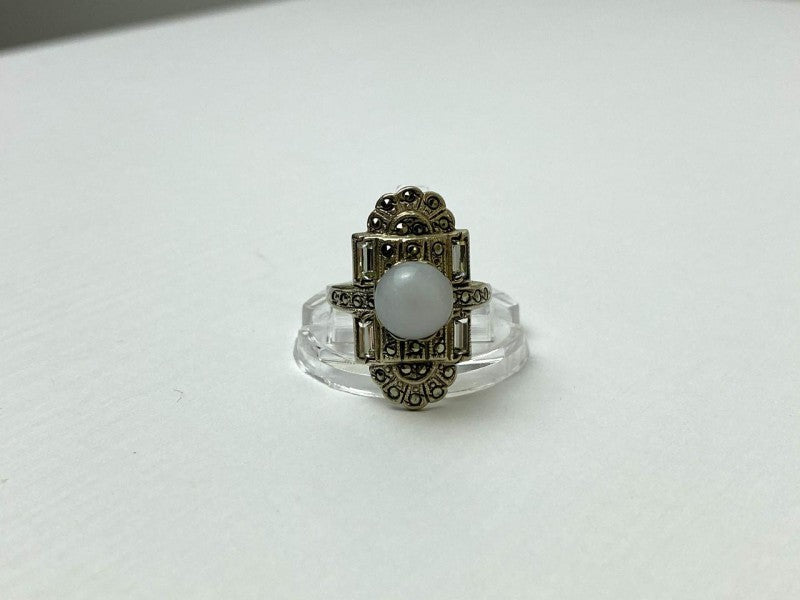 Vintage 925 Sterling Silver Agate, Goshenite & Marcasites Ring Size 5.5
