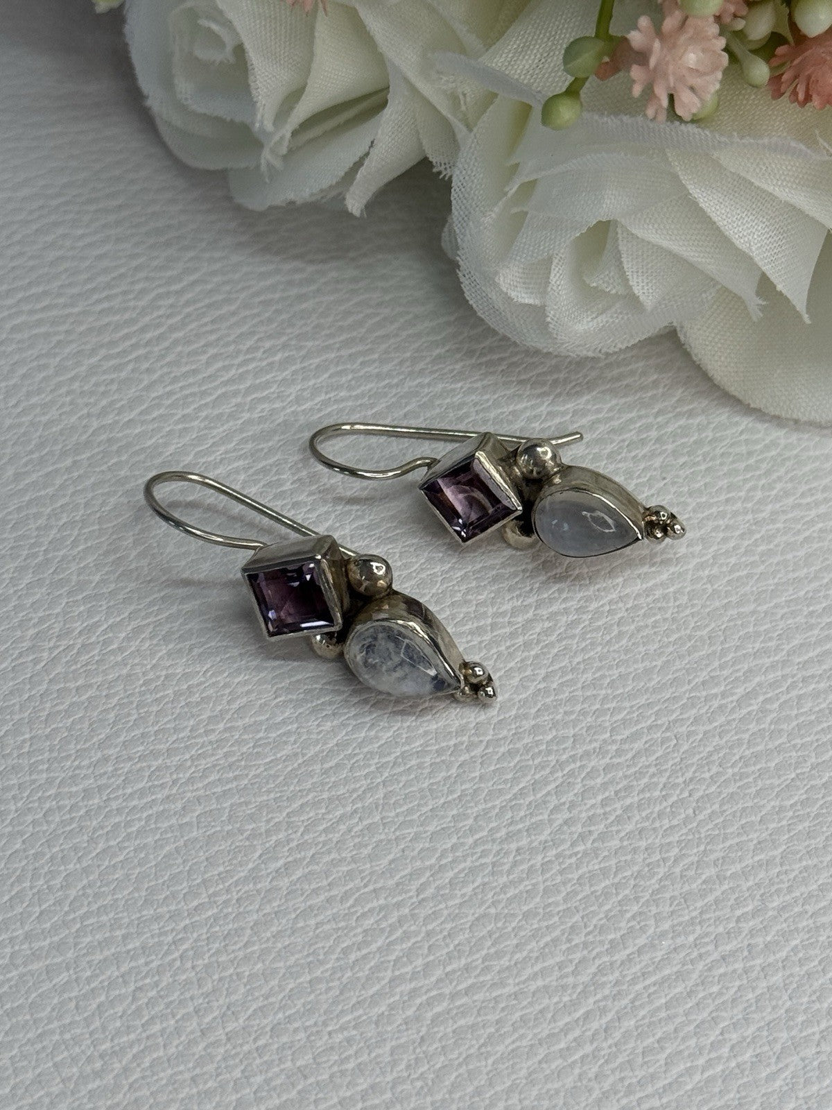 925 Sterling Silver Amethyst & Moonstone Earrings Length 1.30 Inch