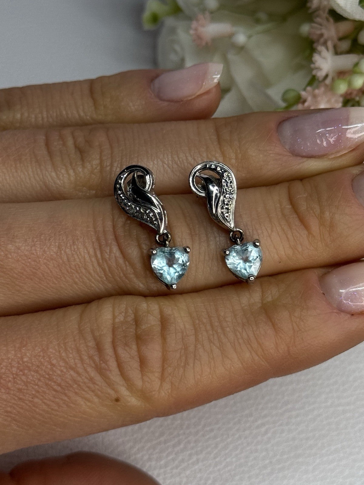925 Sterling Silver Blue Topaz Heart Earrings Length 0.85 Inch