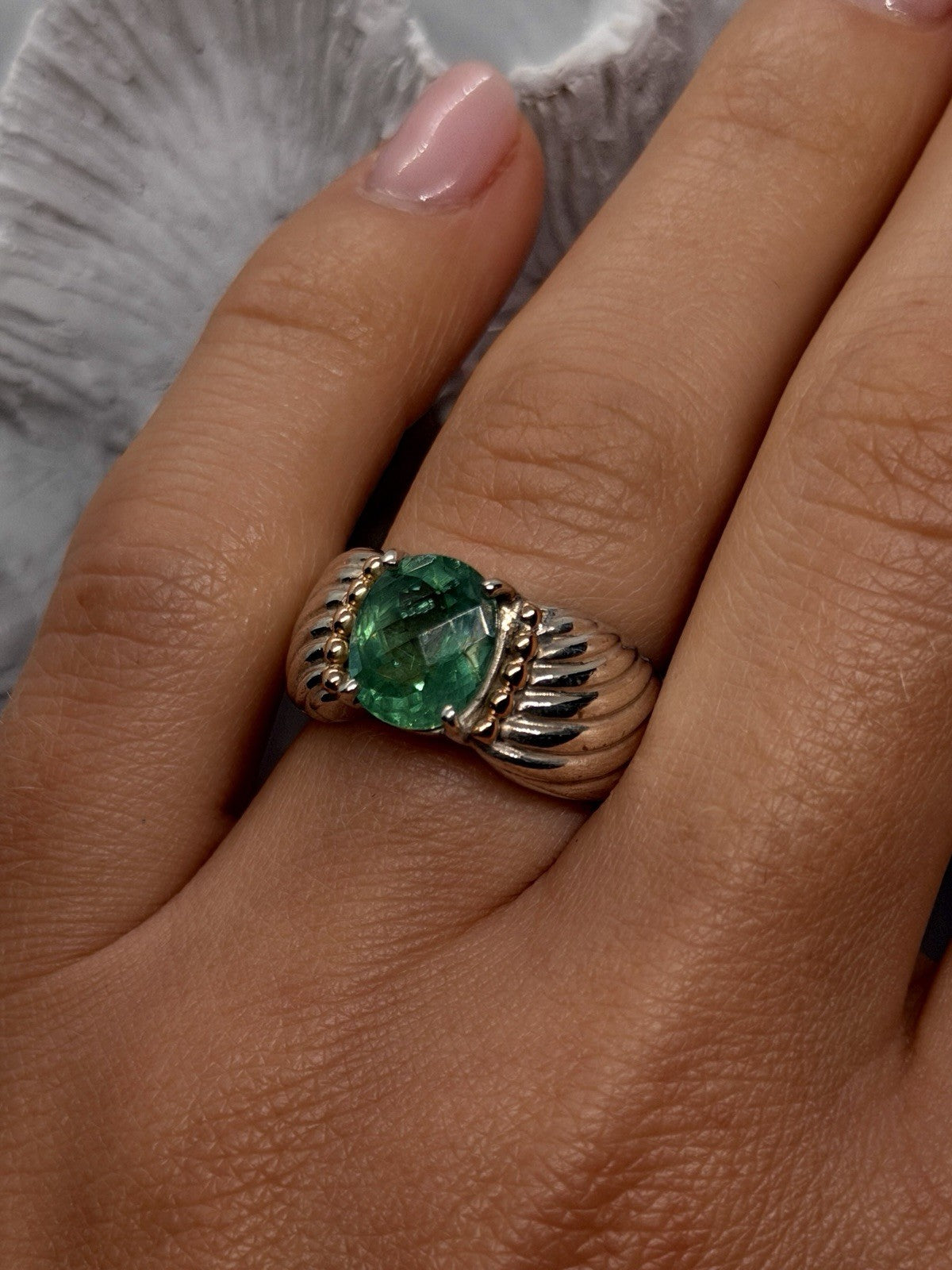 925 Sterling Silver & 14K Yellow Gold Accent Emerald Ring Size 7