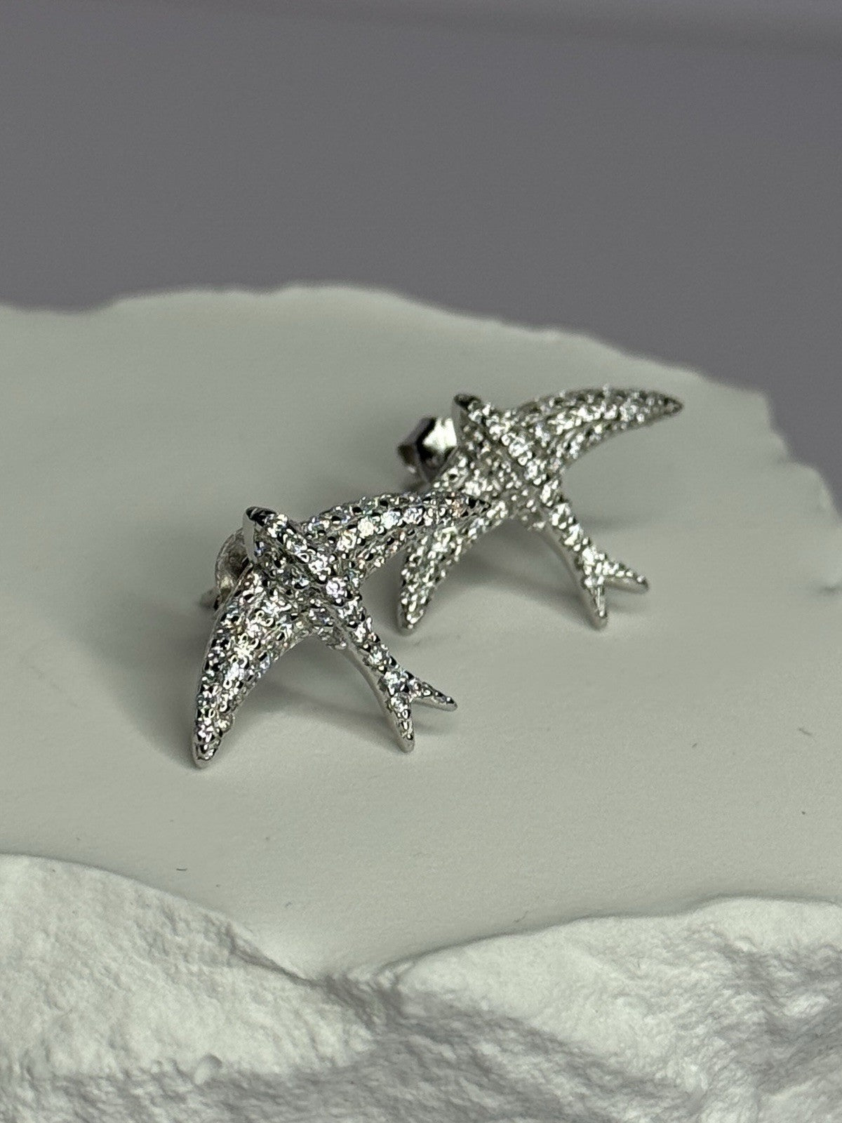 925 Sterling Silver Swallow Stud Earrings CZ Length 0.55 Inch
