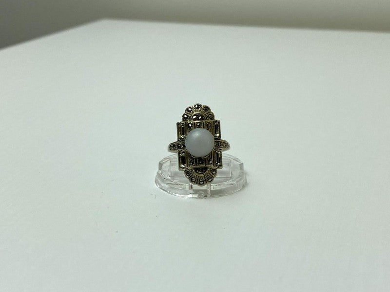 Vintage 925 Sterling Silver Agate, Goshenite & Marcasites Ring Size 5.5