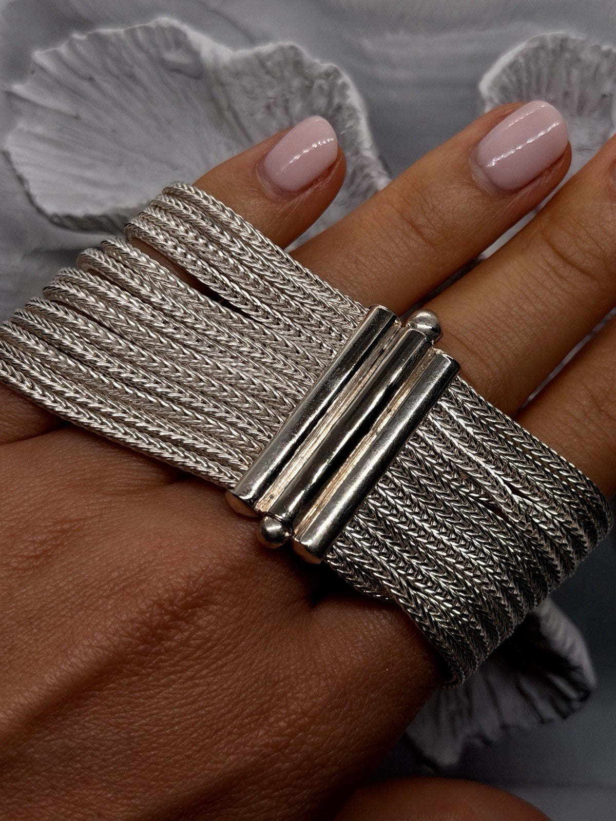 Italy 925 Sterling Silver 13 Multi-Strand Woven Chain Cuff Bracelet 7