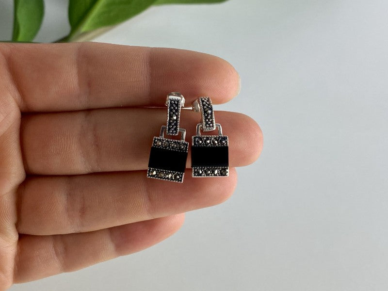 925 Sterling Silver Black Nephrite & Marcasites Earrings
