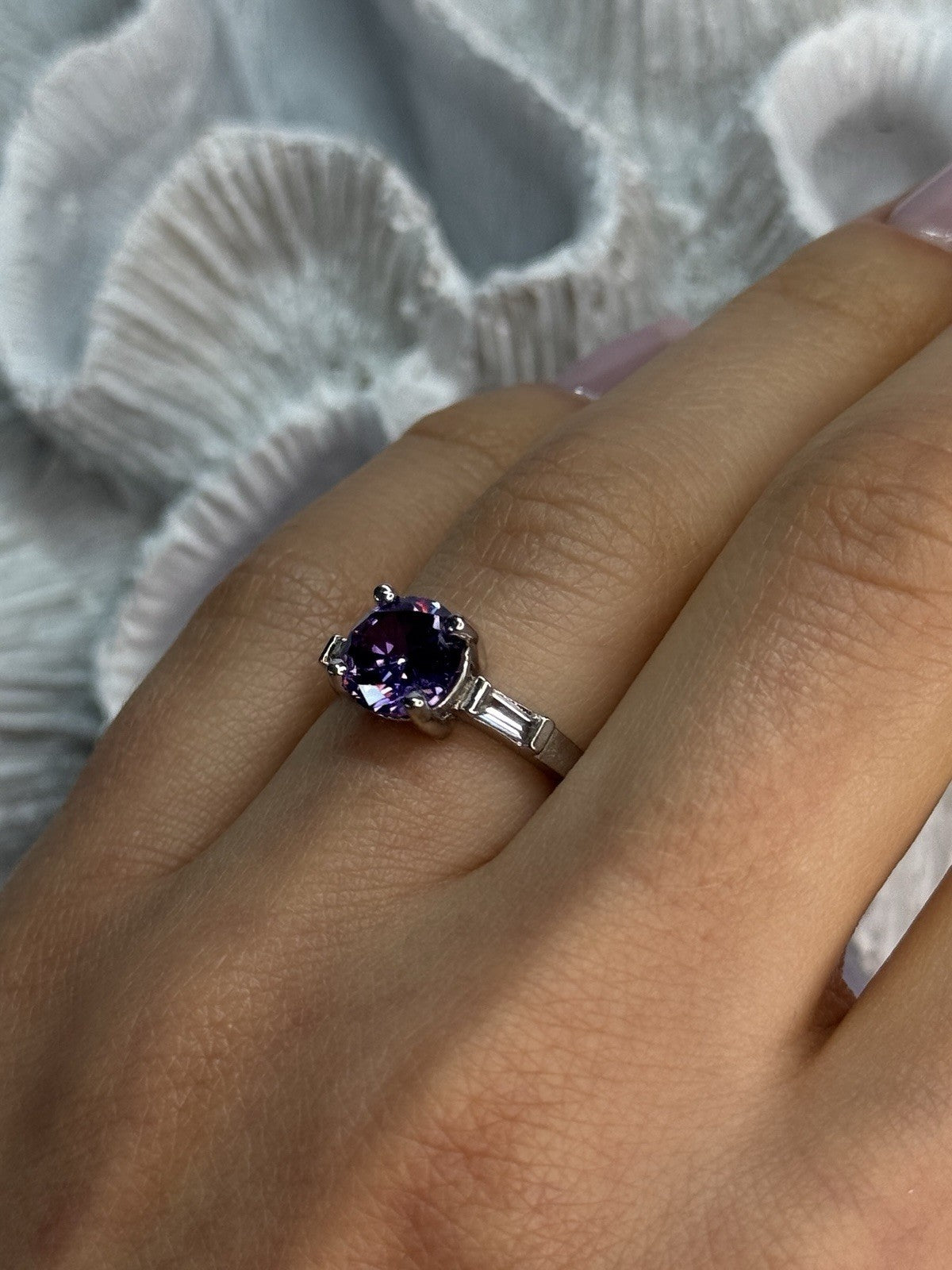 925 Sterling Silver Purple & White Spinel Ring Size 6.5