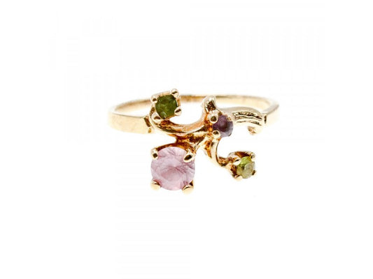 14K Yellow Gold Morganite, Iolite, Peridot & Citrine Ring Size 11